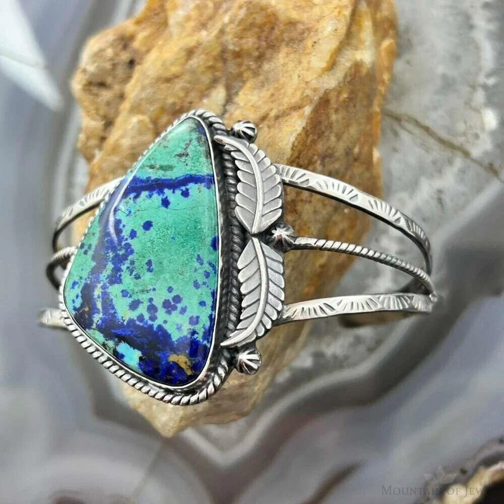 Sterling Southwestern Style Large Triangle Azurite Decorated Bracelet For Women